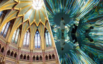 Ceiling of the Dome Hall in the Hungarian Parliament, Budapest, with intricate gold and stained glass details.