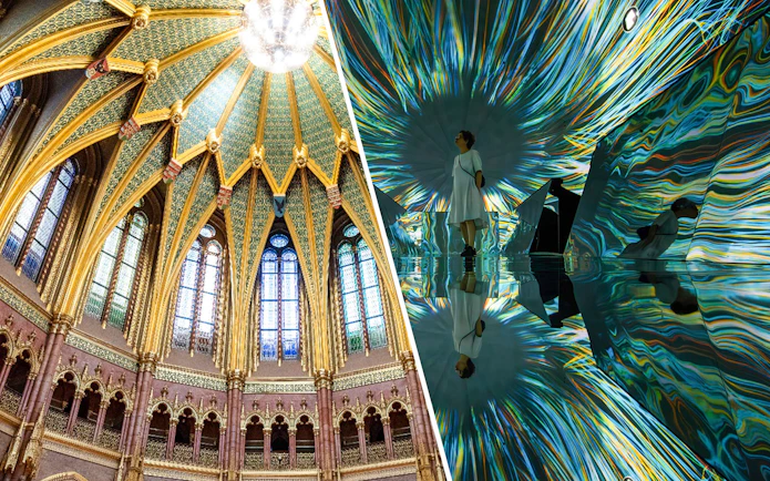 Ceiling of the Dome Hall in the Hungarian Parliament, Budapest, with intricate gold and stained glass details.