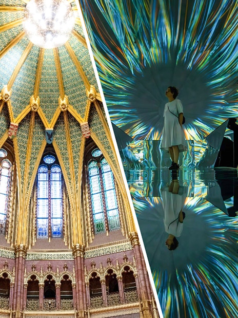 Ceiling of the Dome Hall in the Hungarian Parliament, Budapest, with intricate gold and stained glass details.