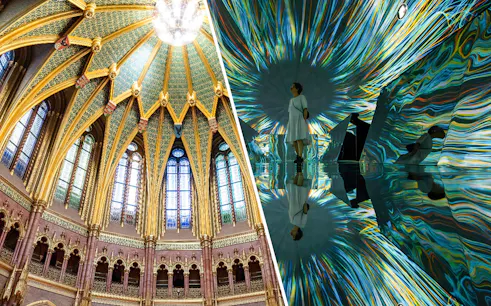Ceiling of the Dome Hall in the Hungarian Parliament, Budapest, with intricate gold and stained glass details.