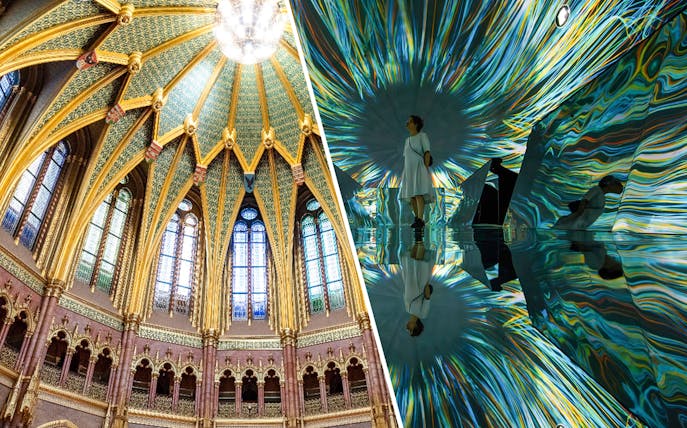 Ceiling of the Dome Hall in the Hungarian Parliament, Budapest, with intricate gold and stained glass details.