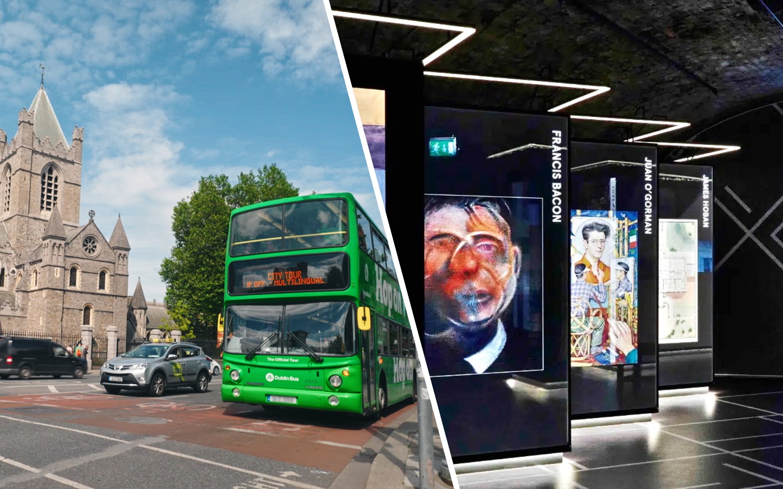 Dublin hop-on hop-off bus near Christ Church Cathedral and Epic Museum exhibit.