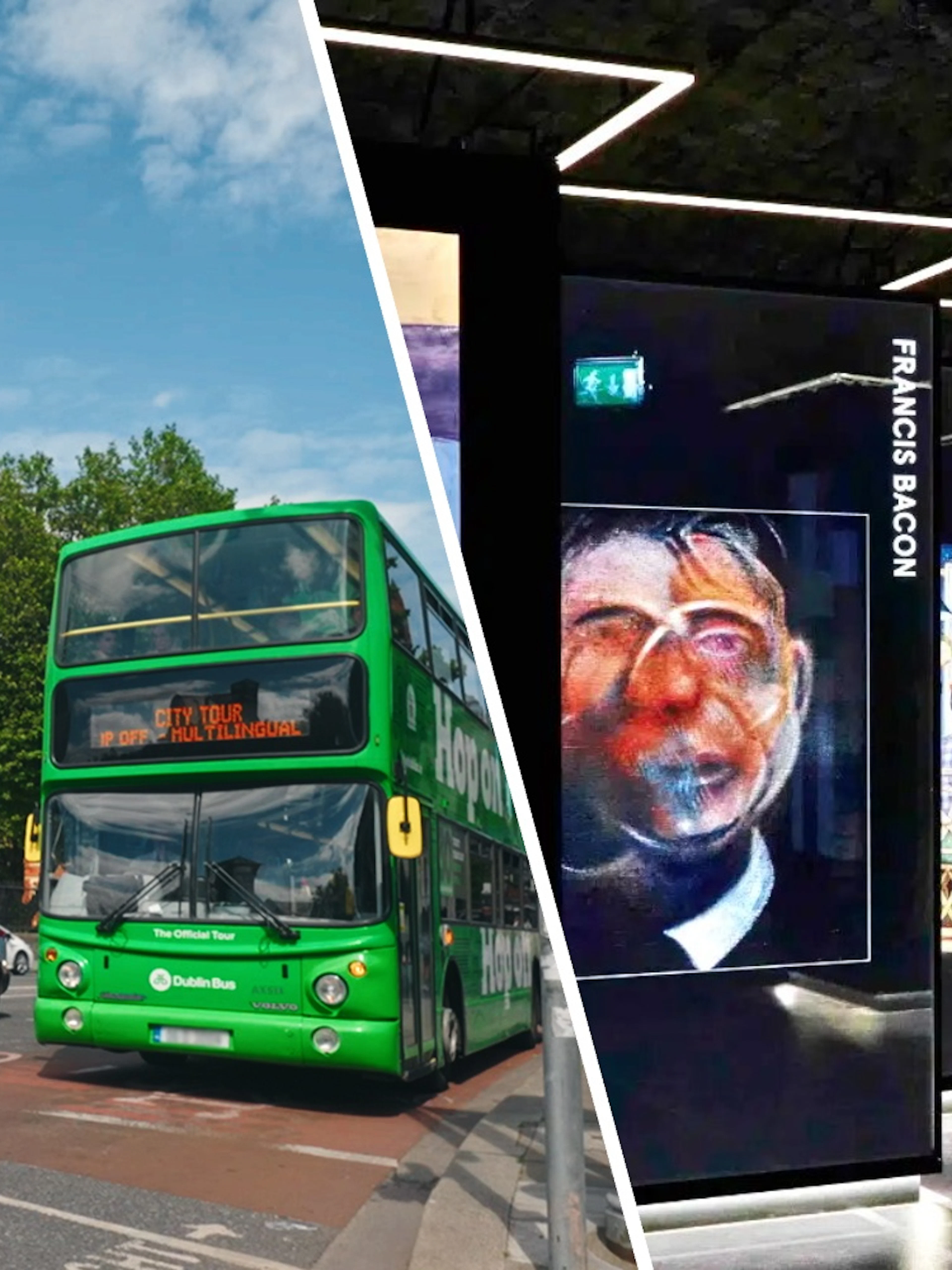 Dublin hop-on hop-off bus near Christ Church Cathedral and Epic Museum exhibit.