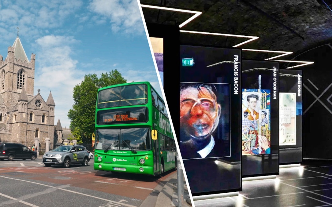 Dublin hop-on hop-off bus near Christ Church Cathedral and Epic Museum exhibit.