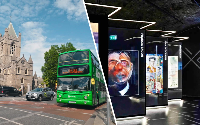 Dublin hop-on hop-off bus near Christ Church Cathedral and Epic Museum exhibit.
