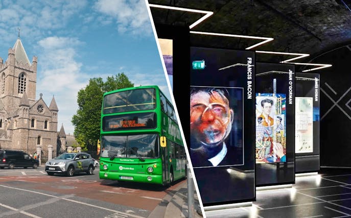 Dublin hop-on hop-off bus near Christ Church Cathedral and Epic Museum exhibit.