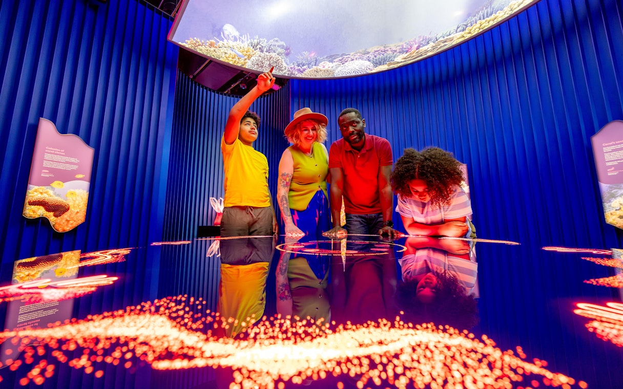 Family exploring "Our Wondrous Planet" exhibit at Melbourne Museum.