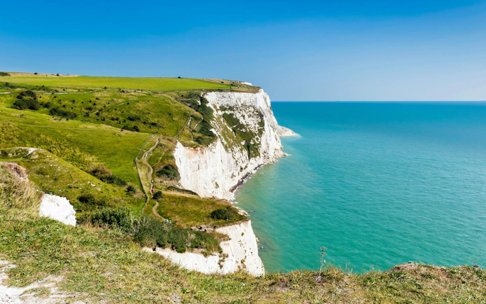 White cliffs of Dover overlooking the English Channel in Kent.
