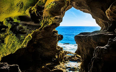 Hercules Cave opening with ocean view in Tangier, Morocco.