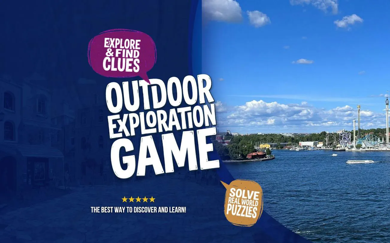 Outdoor exploration game in Södermalm, Stockholm with cityscape and waterfront view.