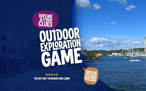 Outdoor exploration game in Södermalm, Stockholm with cityscape and waterfront view.