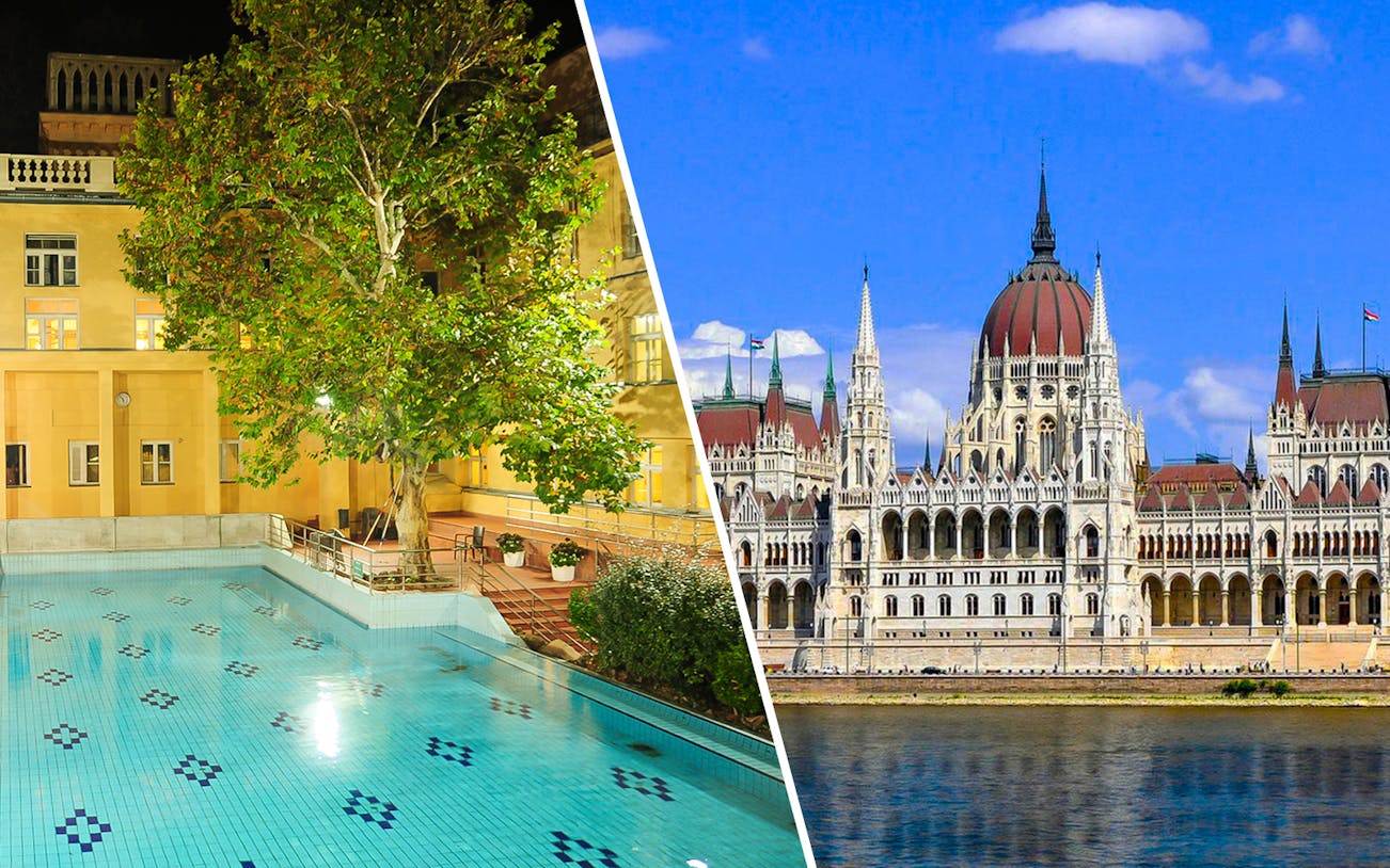 Lukacs Bath pool and Hungarian Parliament building in Budapest.