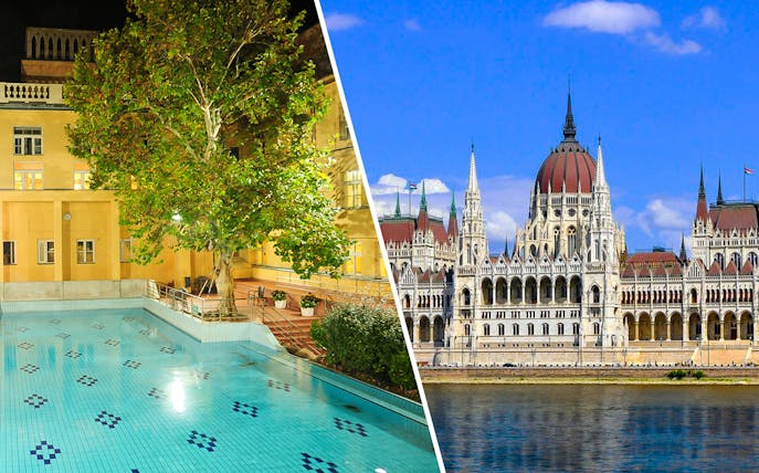 Lukacs Bath pool and Hungarian Parliament building in Budapest.