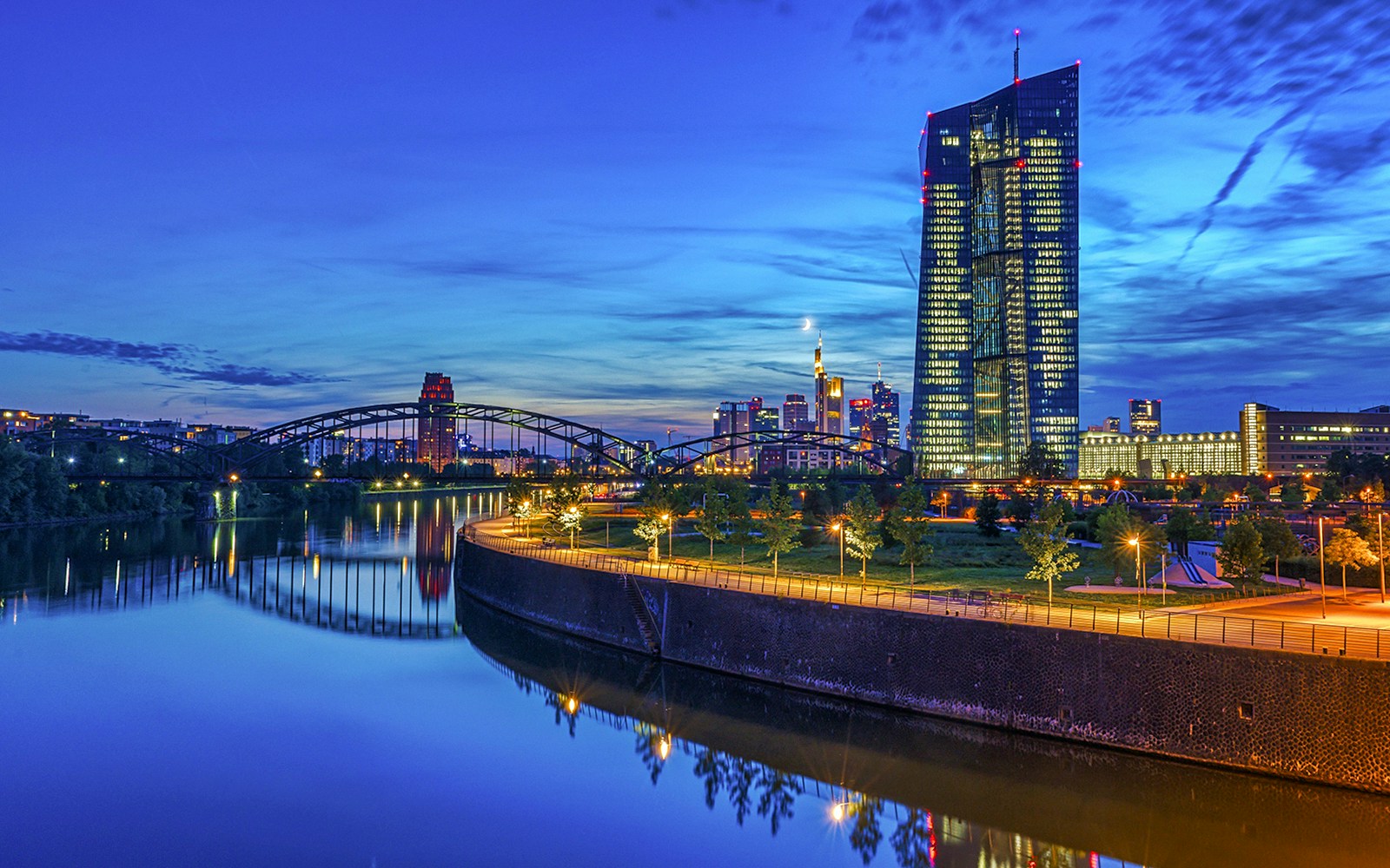 Frankfurt skyline at sunset seen from Evening Panorama Cruise on the Main River.