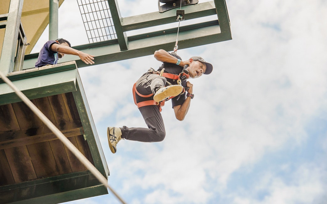 Zipline launch at Mega Adventure Park Singapore.