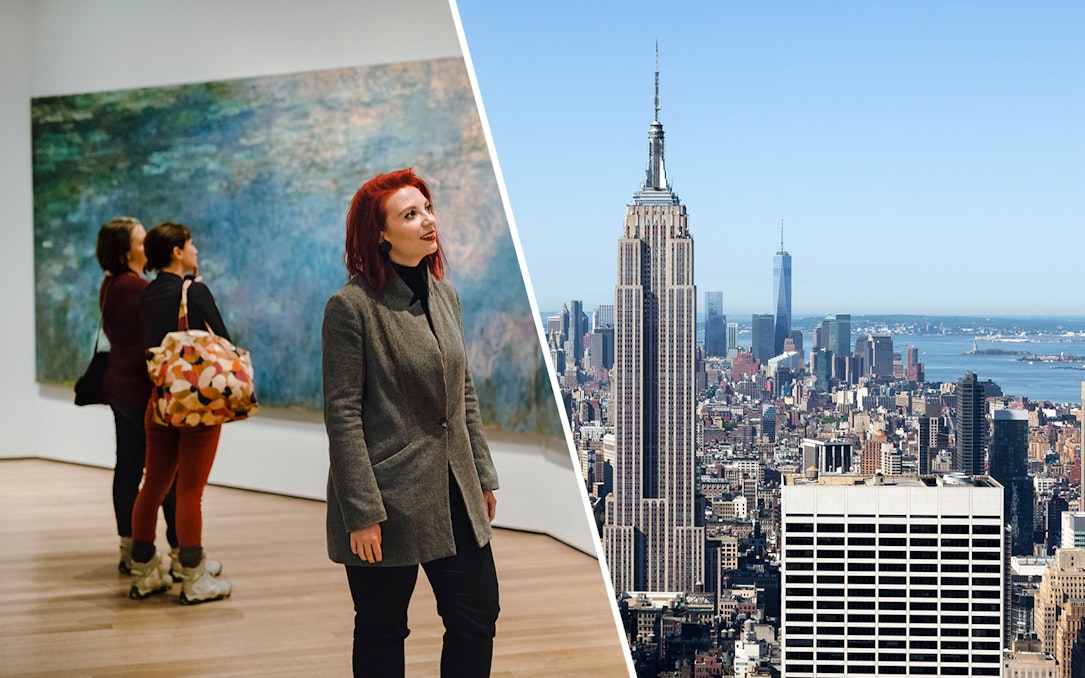 Visitors viewing art at MoMA and the Empire State Building in New York City.