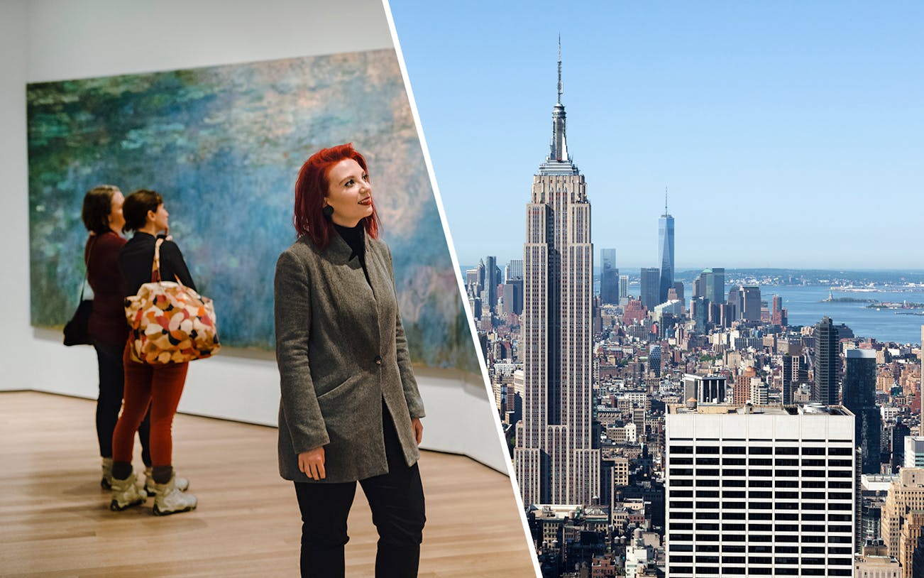 Visitors viewing art at MoMA and the Empire State Building in New York City.