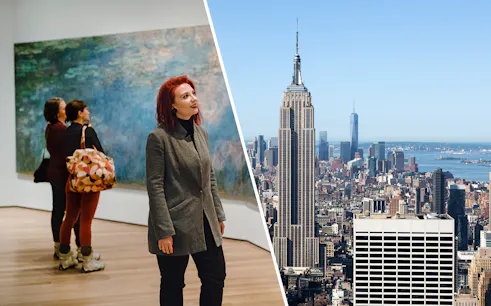 Visitors viewing art at MoMA and the Empire State Building in New York City.