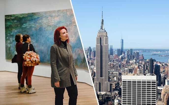Visitors viewing art at MoMA and the Empire State Building in New York City.