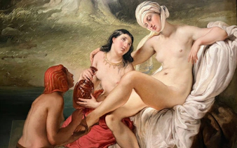 Bathsheba at Her Bath painting, Pinacoteca di Brera, depicting a biblical scene with three figures.