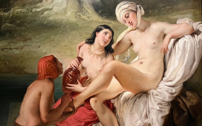 Bathsheba at Her Bath painting, Pinacoteca di Brera, depicting a biblical scene with three figures.