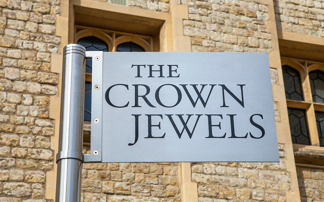 Sign for The Crown Jewels exhibit at the Tower of London.