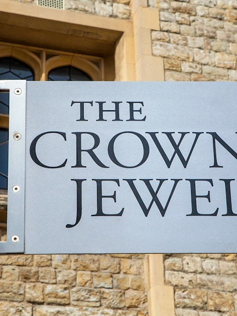 Crown Jewels sign at the Tower of London during an early morning guided tour.
