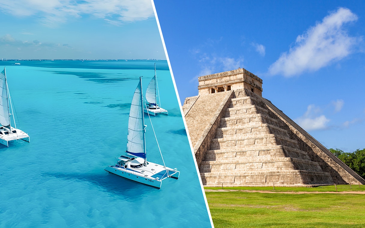 Catamarans sailing in Caribbean Sea near Cancún, Mexico with Chichen Itza pyramid.