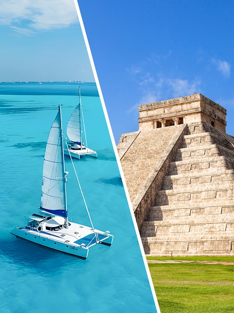 Catamarans sailing in Caribbean Sea near Cancún, Mexico with Chichen Itza pyramid.