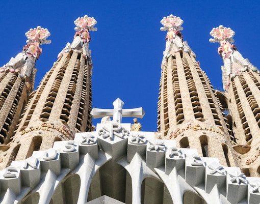 Towers of Sagrada Familia with intricate carvings, Barcelona.
