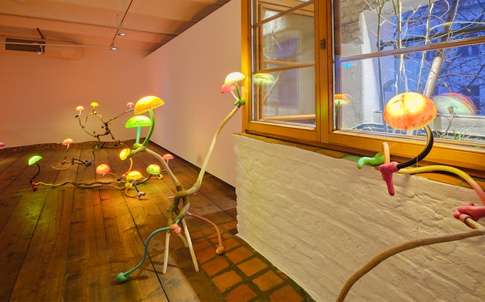 Colorful illuminated sculptures at Antimatter Factory exhibit, KUNST HAUS WIEN.