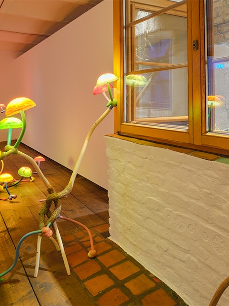 Colorful illuminated sculptures at Antimatter Factory exhibit, KUNST HAUS WIEN.