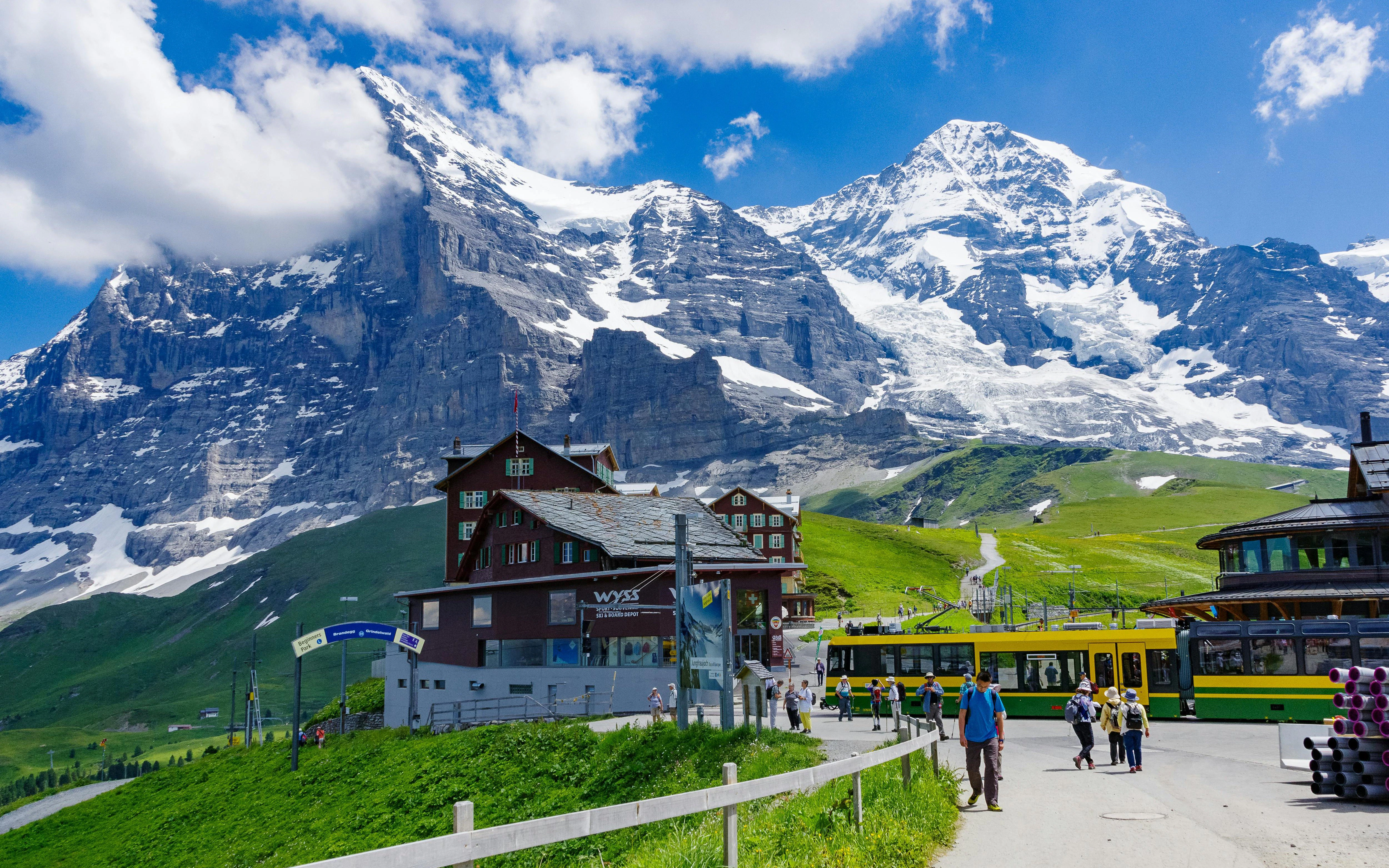 Kleine Scheidegg station with Eiger North Face, Mönch, and Jungfrau in Grindelwald area.