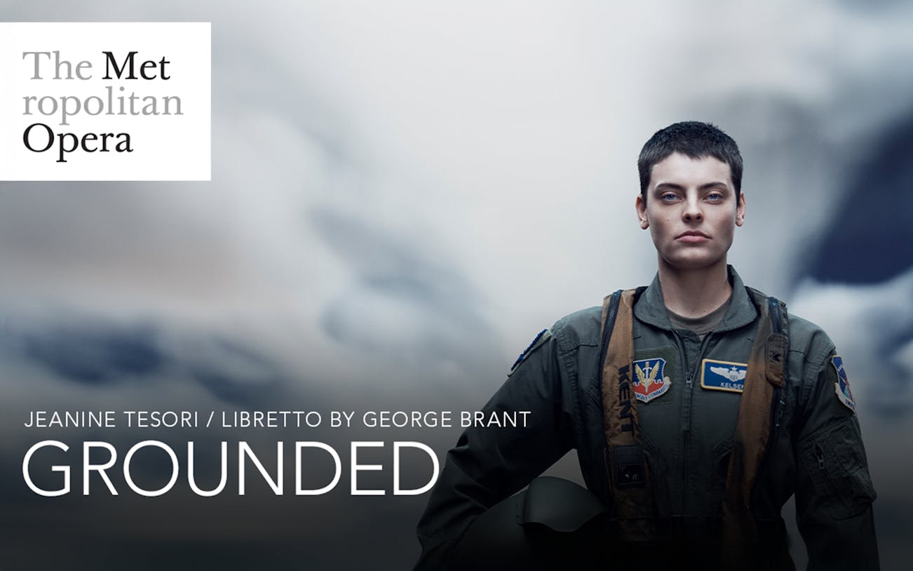 Pilot in uniform with "Grounded" text at Metropolitan Opera.