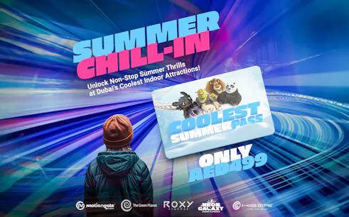 Coolest Summer Pass promotion at Dubai Parks & Resorts featuring animated characters.