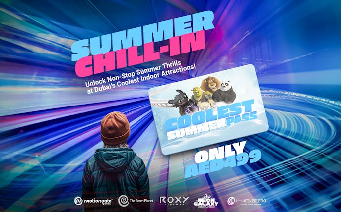 Coolest Summer Pass promotion at Dubai Parks & Resorts featuring animated characters.