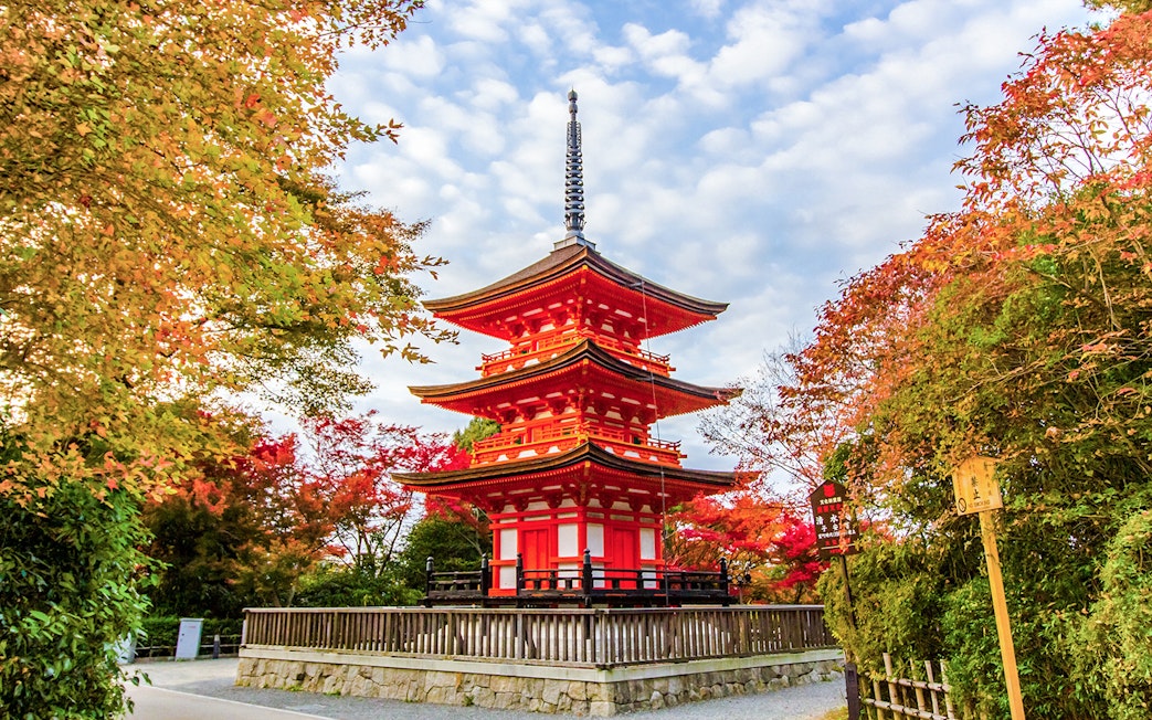 Kiyomizudera Temple pagoda surrounded by autumn foliage on Kyoto guided day trip.