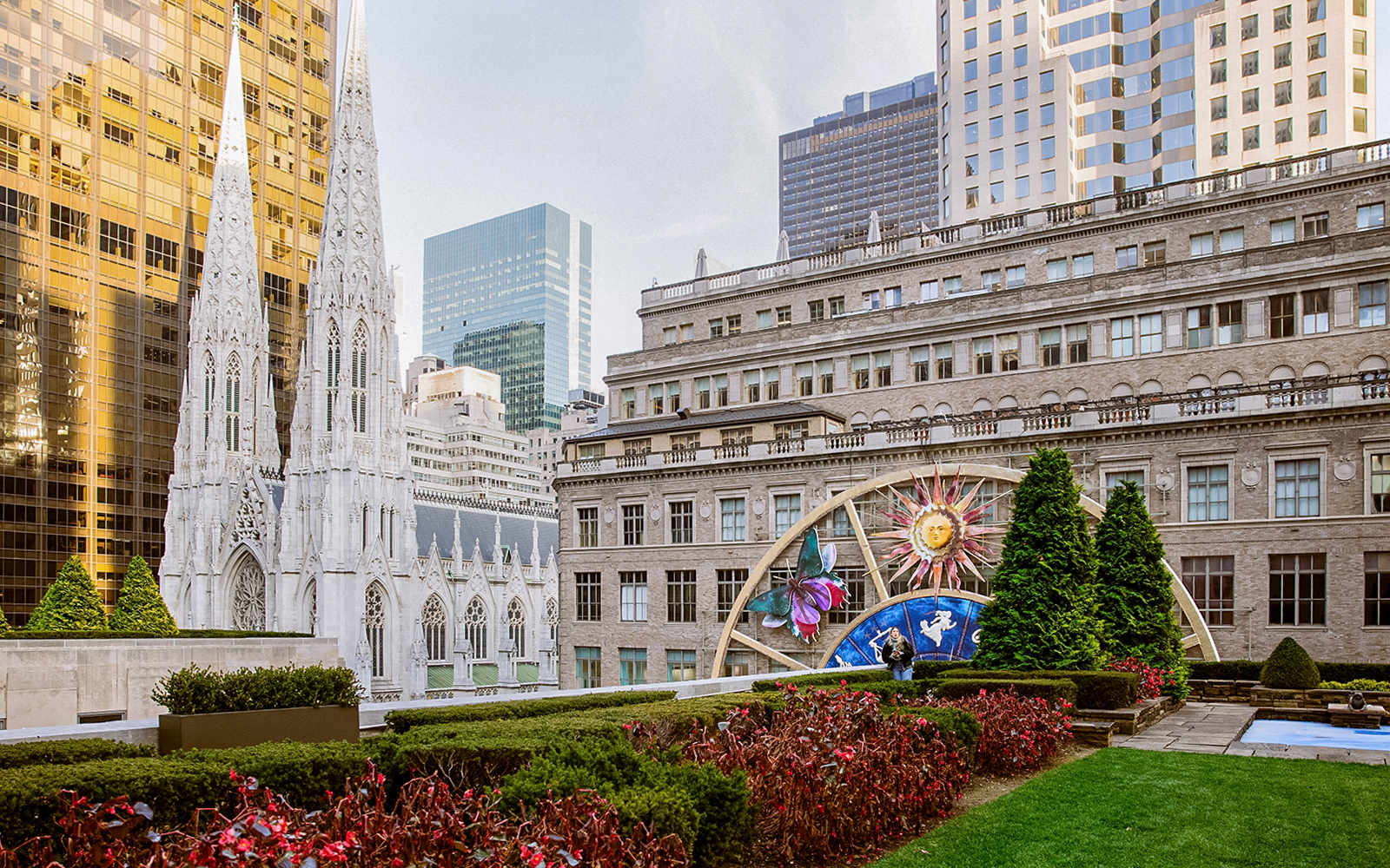 St. Patrick's Cathedral and Rockefeller Center view from Top of the Rock Observation Deck, New York City.