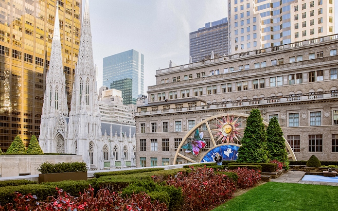 St. Patrick's Cathedral and Rockefeller Center view from Top of the Rock Observation Deck, New York City.