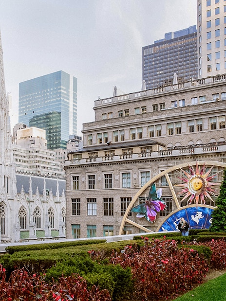 St. Patrick's Cathedral and Rockefeller Center view from Top of the Rock Observation Deck, New York City.