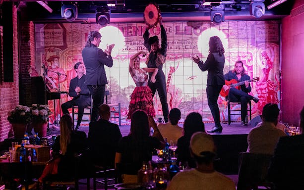 Flamenco performance at De Leones in Puerta de Alcalá, Madrid, with dancers and musicians on stage.