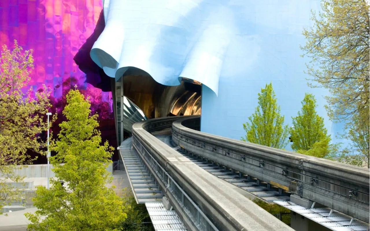 Seattle monorail track entering the Museum of Pop Culture building.