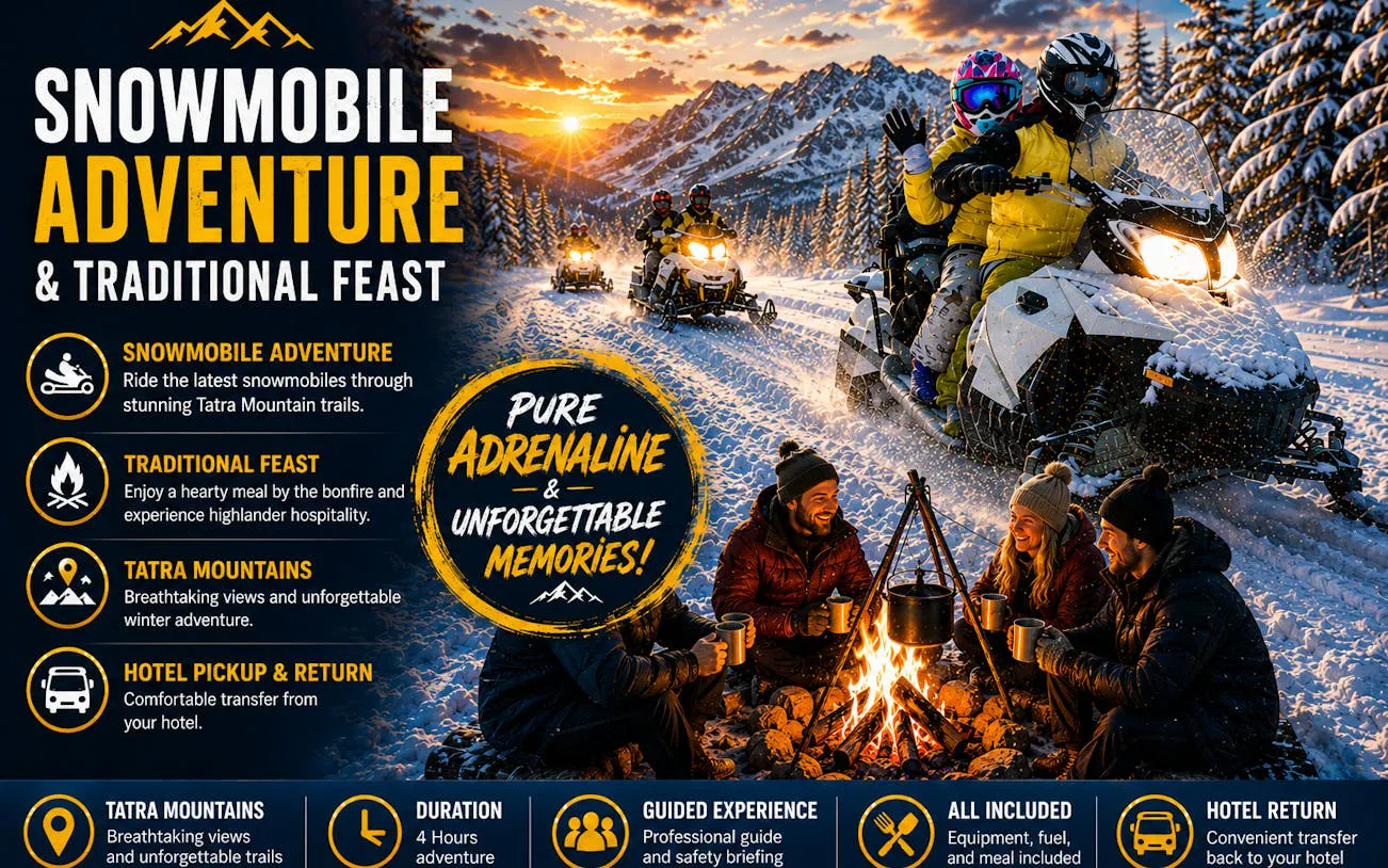 Snowmobile riders in Tatra Mountains with bonfire feast, part of Zakopane guided adventure tour.
