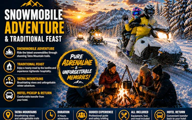 Snowmobile riders in Tatra Mountains with bonfire feast, part of Zakopane guided adventure tour.