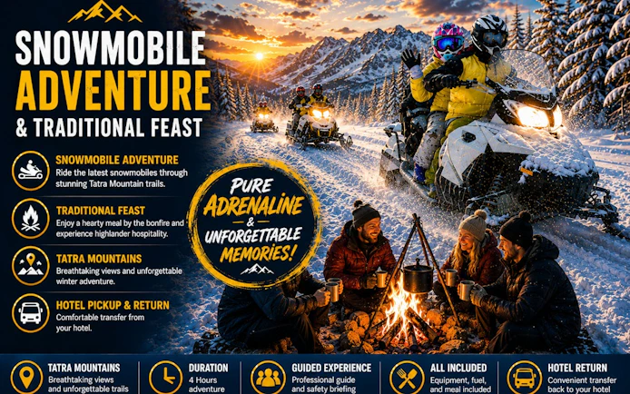 Snowmobile riders in Tatra Mountains with bonfire feast, part of Zakopane guided adventure tour.