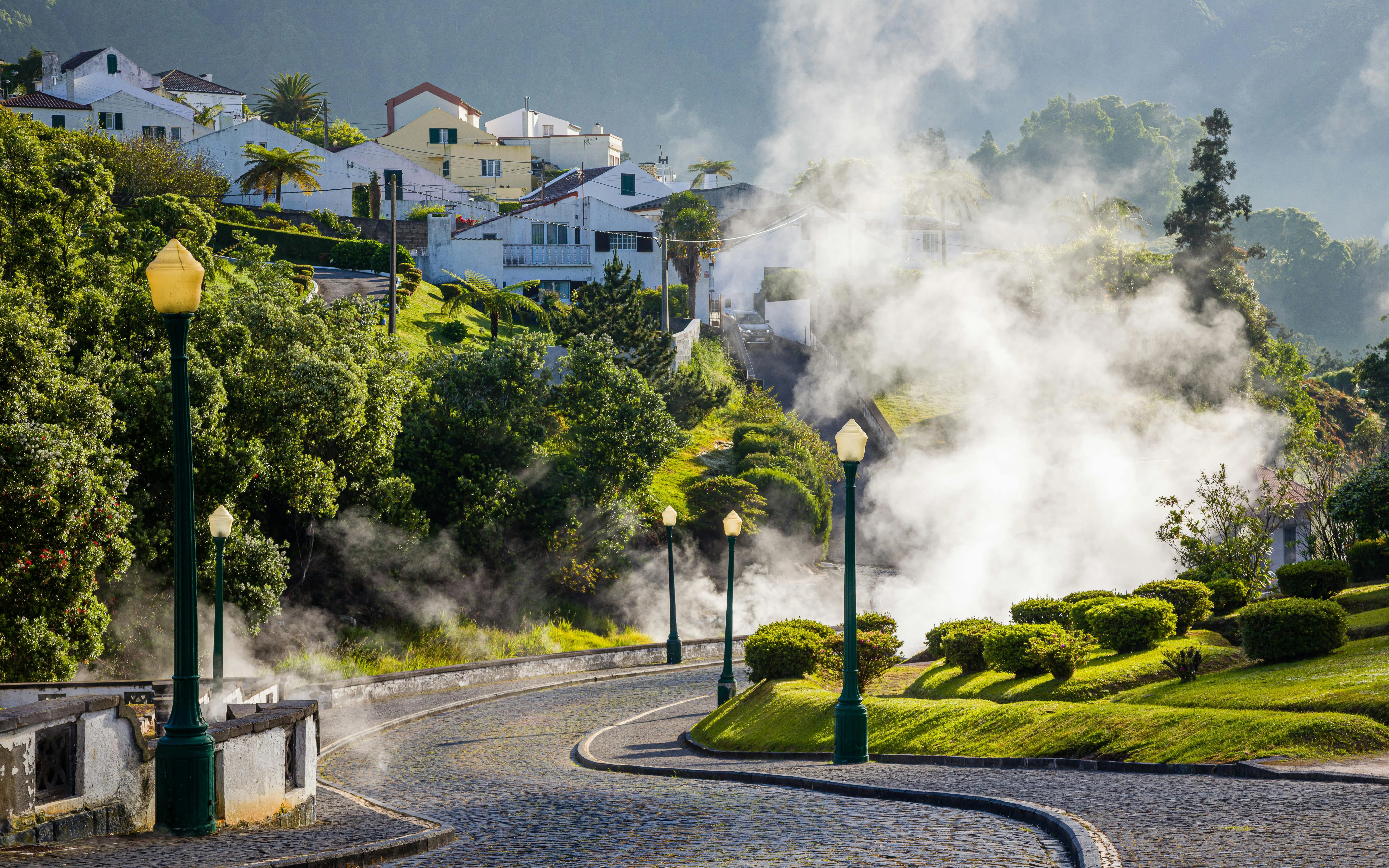 Volcanic steam rising in Furnas village, Sao Miguel island, Azores.