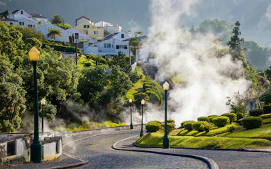 Volcanic steam rising in Furnas village, Sao Miguel island, Azores.