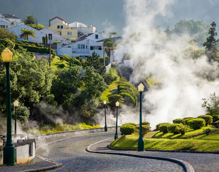 Volcanic steam rising in Furnas village, Sao Miguel island, Azores.