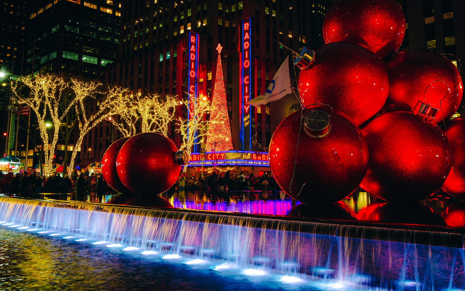 Radio City Music Hall with Christmas lights and decorations in New York City.