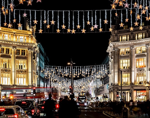 Oxford Street London Christmas lights and festive decorations.